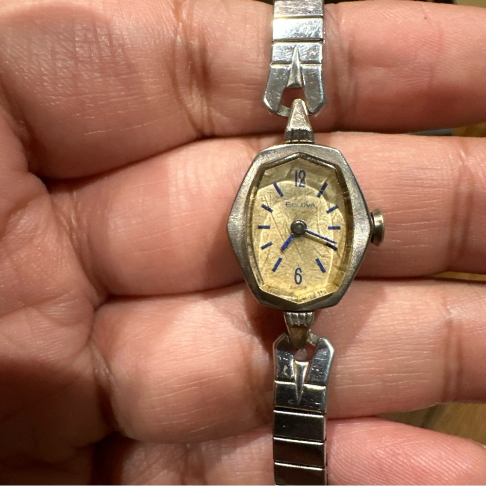 RUNS 1966 Ladies' Swiss Bulova Watch N6 10K RGP Bezel Blue Stick Mechanical Wind